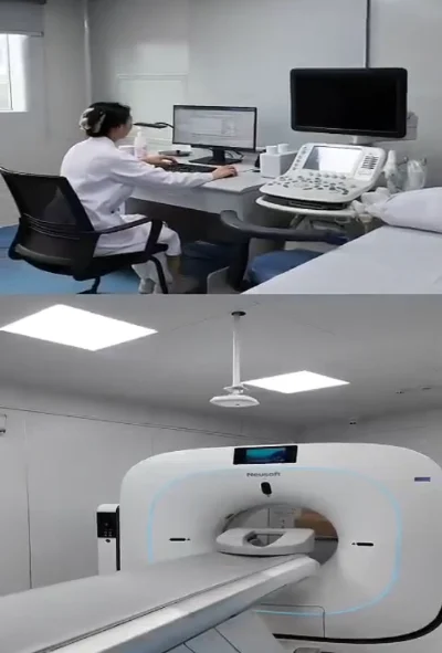Two supplied views of an ultrasound room with a staff member and an unoccupied CT scanner room.