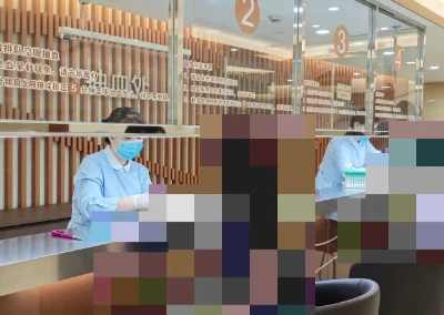 Blood collection area at Shanghai Ren’ai Hospital, with patient details obscured.