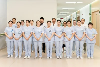 Medical staff posing in a corridor at Shanghai Ren’ai Hospital.