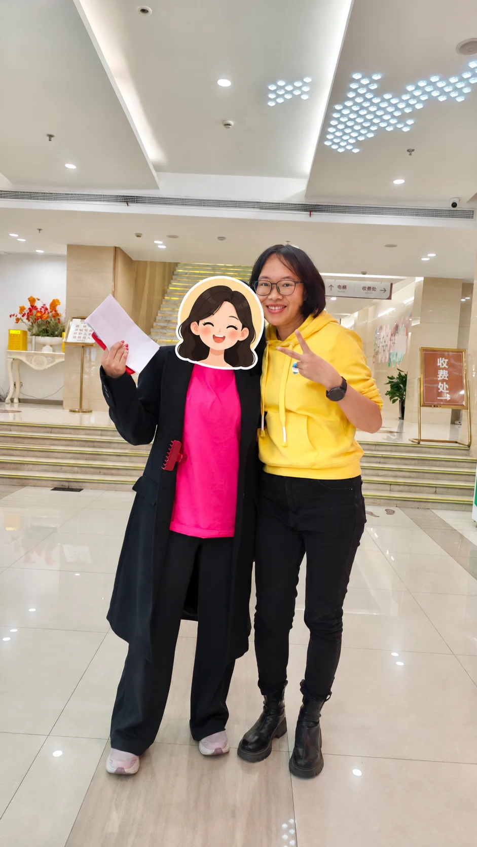 Y. with English-speaking assistant Julie after her Shanghai health check-up